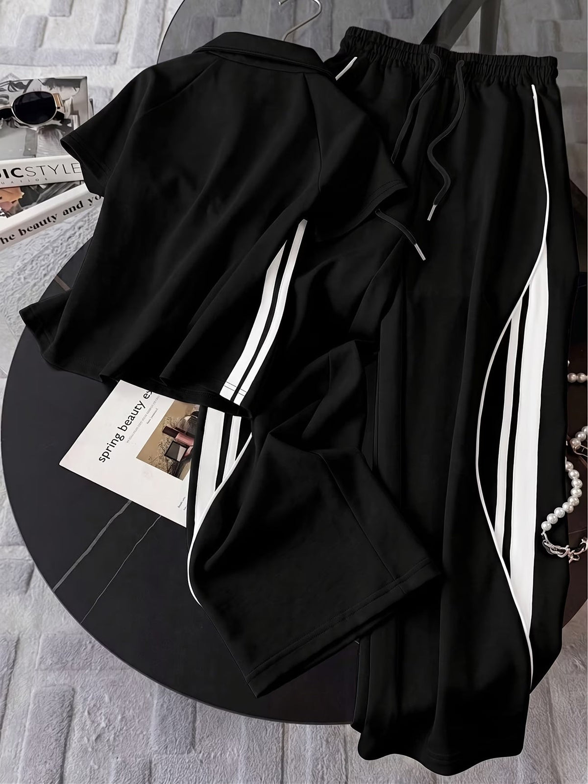 Women's Color Block Half-Zip Collar Top & Jogger Pants Casual 2-Piece Co-Ord Set