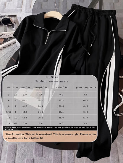 Women's Color Block Half-Zip Collar Top & Jogger Pants Casual 2-Piece Co-Ord Set