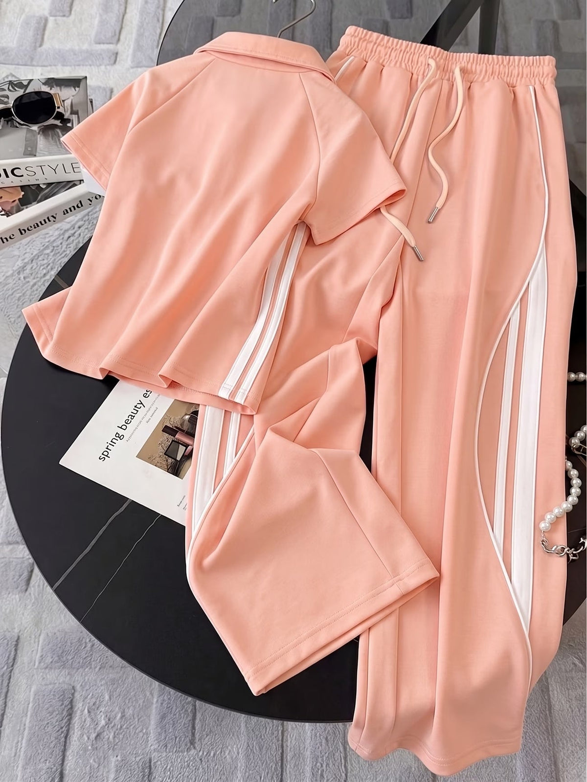 Women's Color Block Half-Zip Collar Top & Jogger Pants Casual 2-Piece Co-Ord Set
