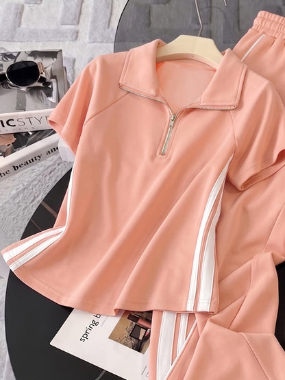 Women's Color Block Half-Zip Collar Top & Jogger Pants Casual 2-Piece Co-Ord Set