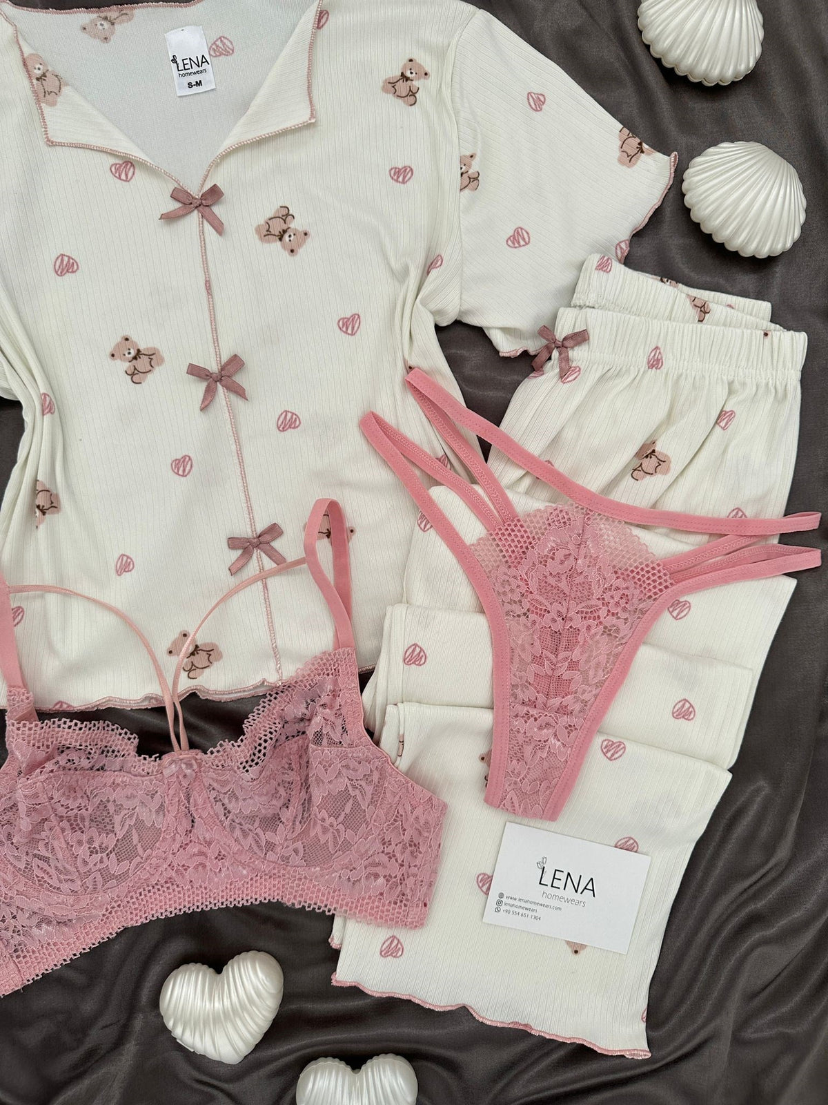 Off-white Teddy Bear Patterned Four-Piece Crop Pajama Set