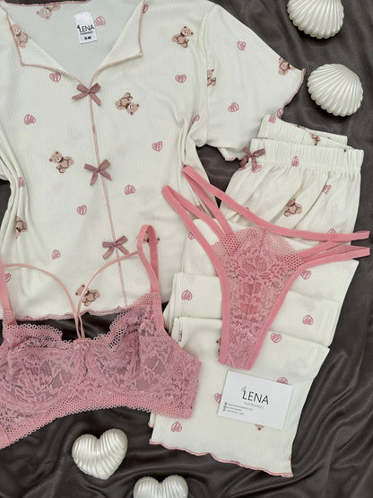 Off-white Teddy Bear Patterned Four-Piece Crop Pajama Set