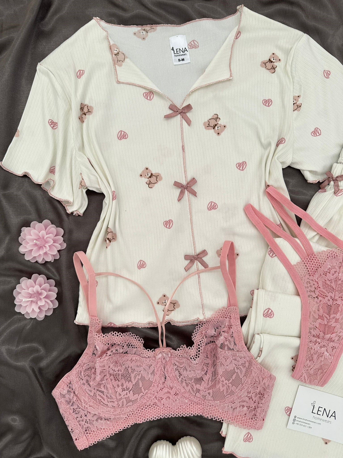 Off-white Teddy Bear Patterned Four-Piece Crop Pajama Set