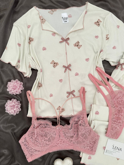 Off-white Teddy Bear Patterned Four-Piece Crop Pajama Set
