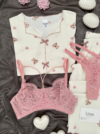 Off-white Teddy Bear Patterned Four-Piece Crop Pajama Set
