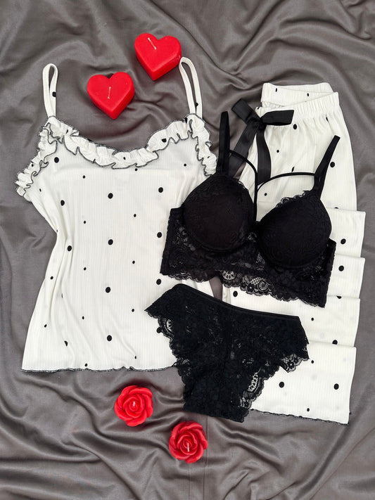 Off-White Polka Dot Four-Piece Strappy Pajama Set