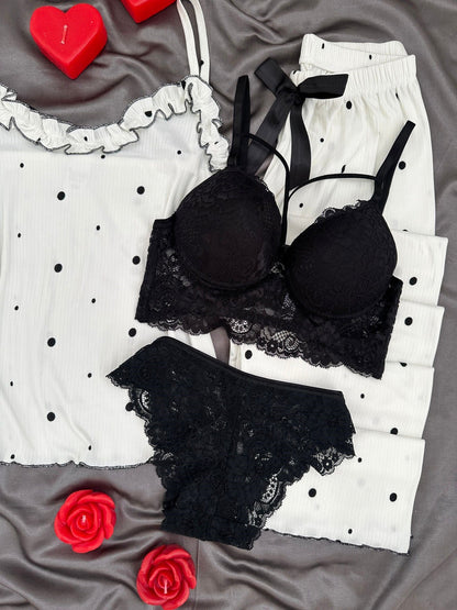 Off-White Polka Dot Four-Piece Strappy Pajama Set