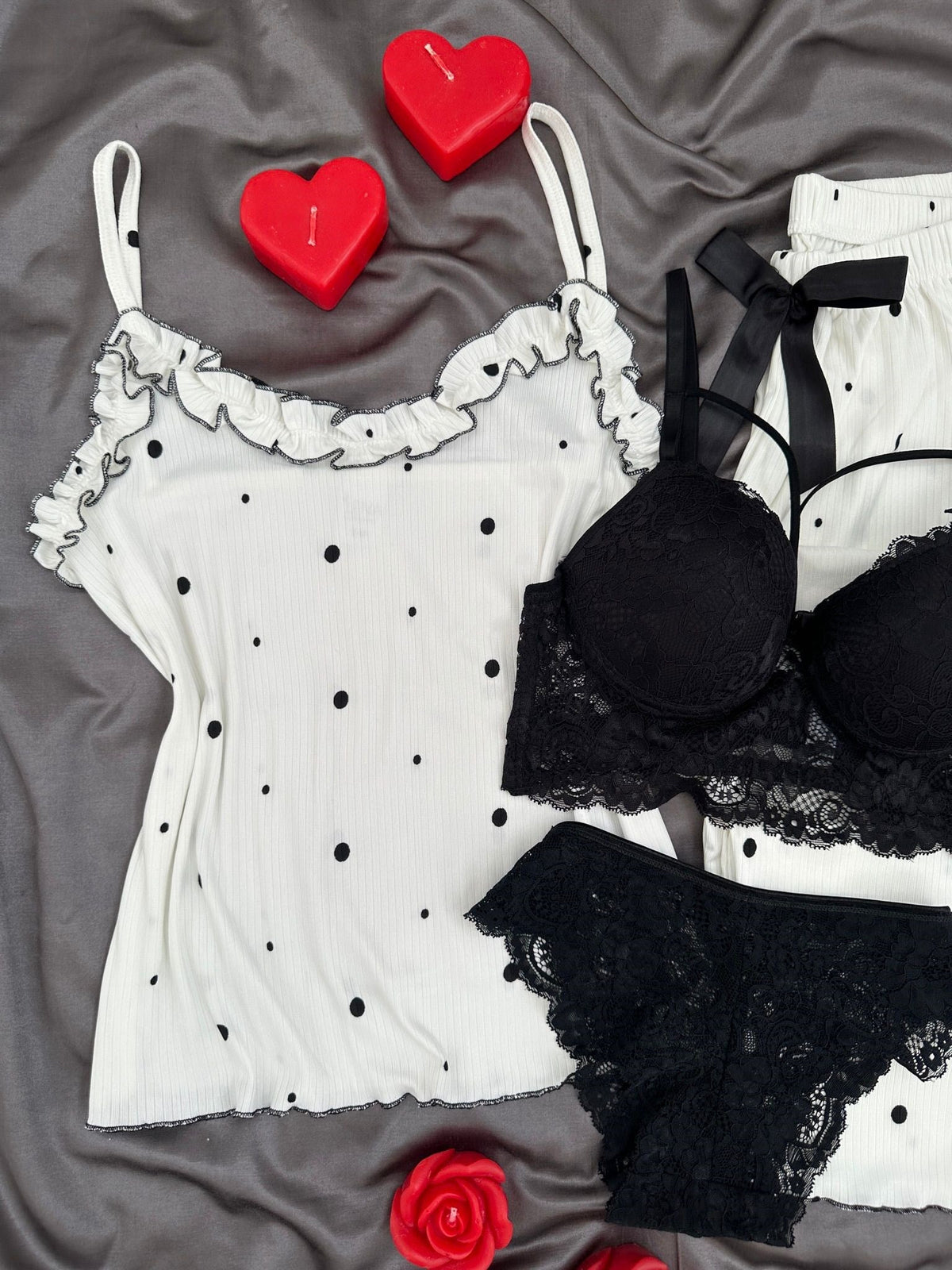 Off-White Polka Dot Four-Piece Strappy Pajama Set