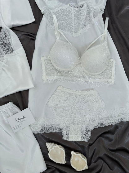 White Love Night Suit & Bra Penty Set Combo for Women's