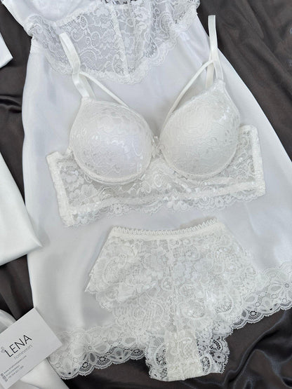 White Love Night Suit & Bra Penty Set Combo for Women's