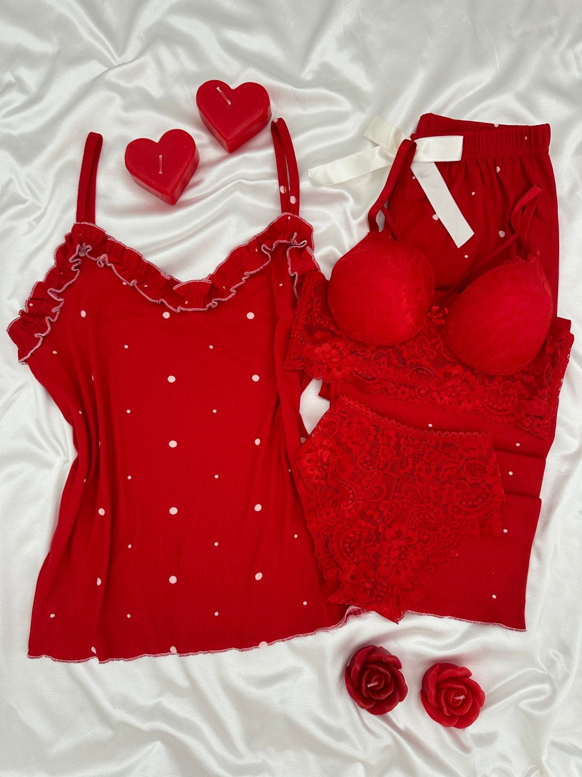 Red Polka Dots Four-Piece Strappy Pajama Set