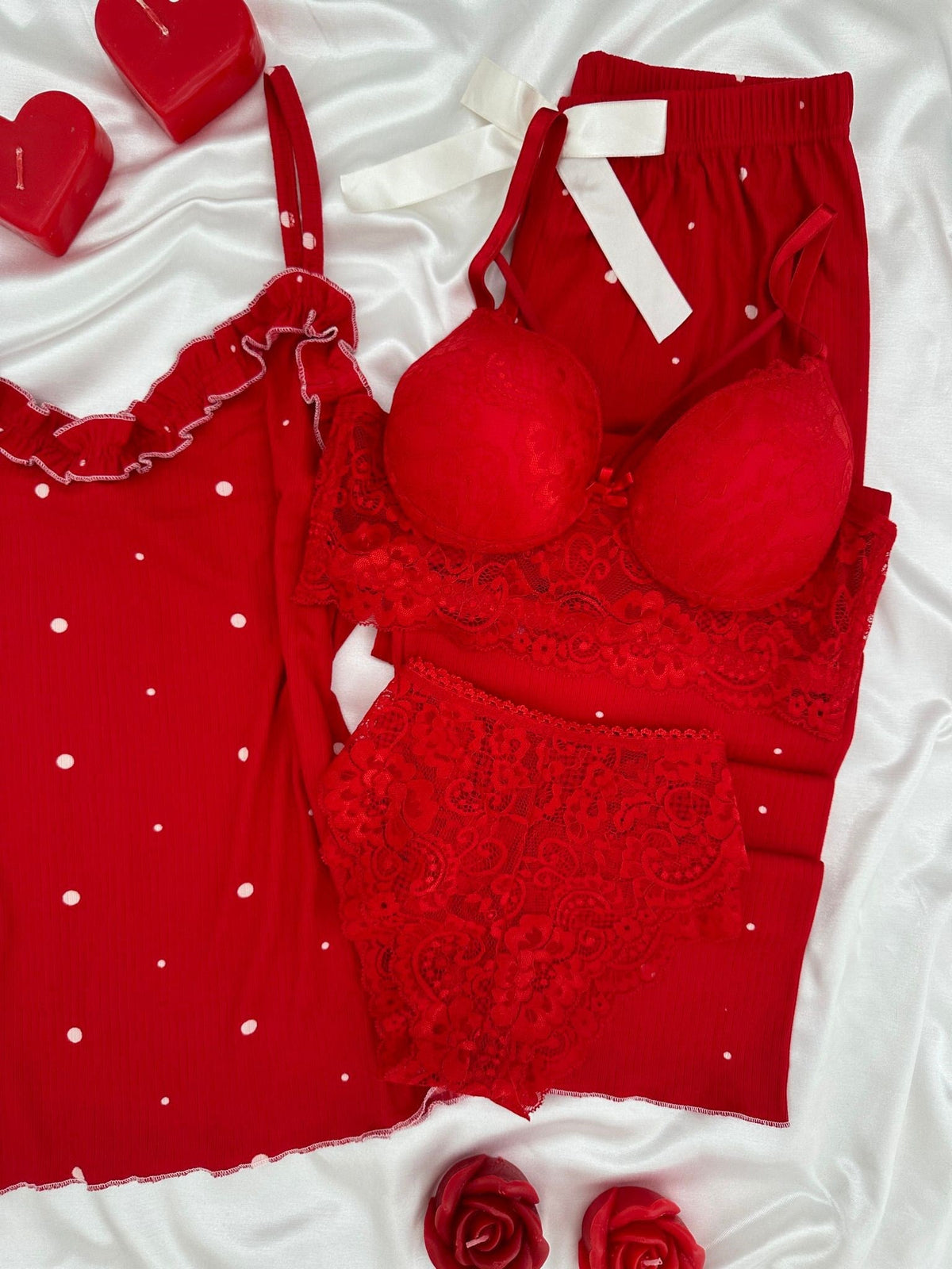 Red Polka Dots Four-Piece Strappy Pajama Set