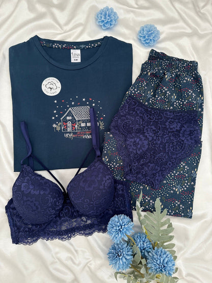 Navy Blue House 100% Cotton Pajama & Lingerie Set