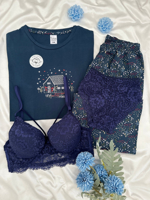 Navy Blue House 100% Cotton Pajama & Lingerie Set