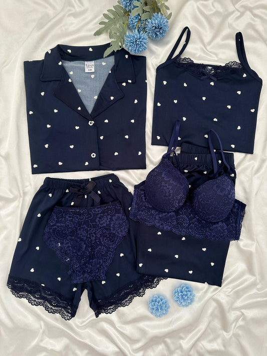 Navy Blue Heart-Shaped Milan 6-Piece Pajama & Lingerie Set