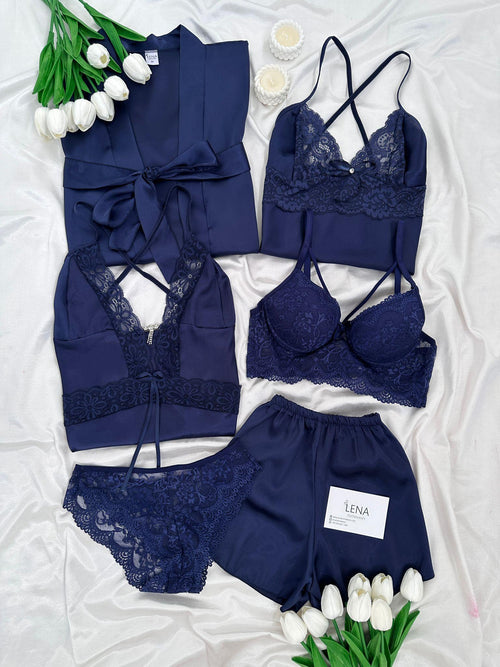 Navy Blue Love Night Suit & Bra Penty Set Combo for Women's