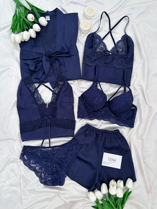 Navy Blue Love Night Suit & Bra Penty Set Combo for Women's