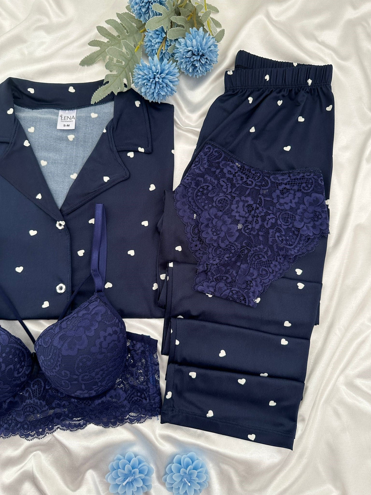 Navy Blue Heart Patterned Four-Piece Short-Sleeved Pajama Set