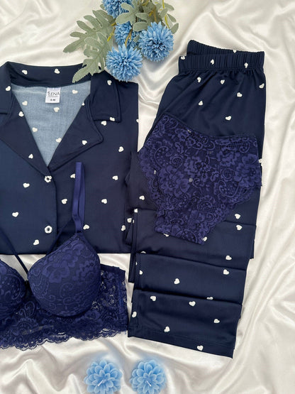 Navy Blue Heart Patterned Four-Piece Short-Sleeved Pajama Set