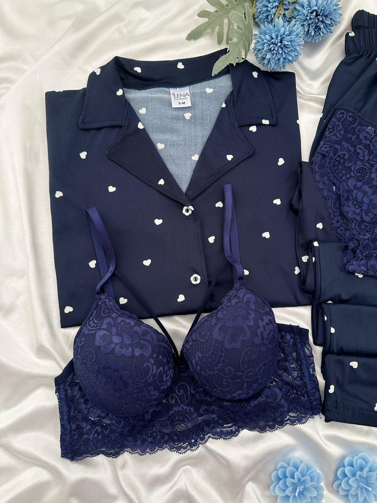 Navy Blue Heart Patterned Four-Piece Short-Sleeved Pajama Set