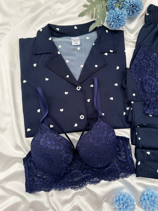 Navy Blue Heart Patterned Four-Piece Short-Sleeved Pajama Set