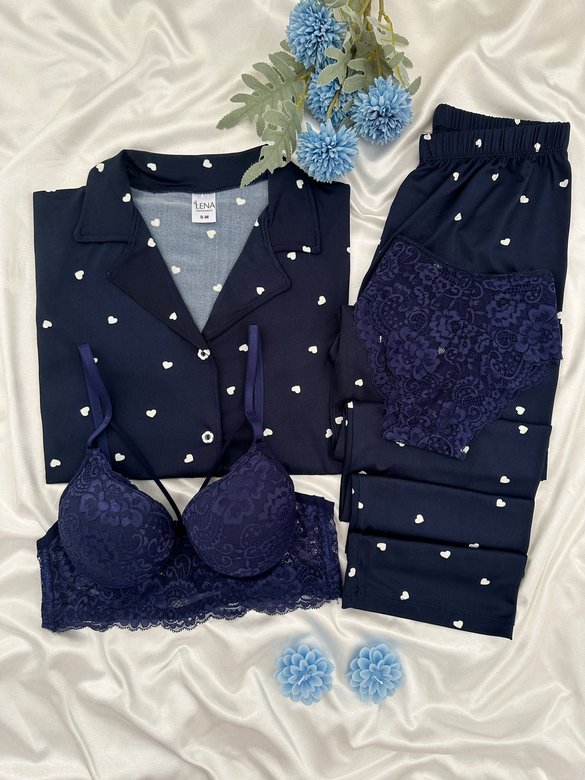 Navy Blue Heart Patterned Four-Piece Short-Sleeved Pajama Set