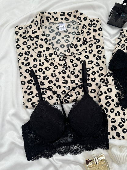 Leopard Print Four-Piece Short-Sleeved Pajama Set