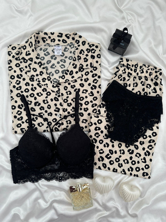 Leopard Print Four-Piece Short-Sleeved Pajama Set