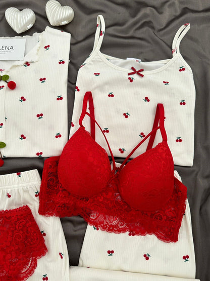 Tiny Cherry Patterned 6-Piece & Pajama Set