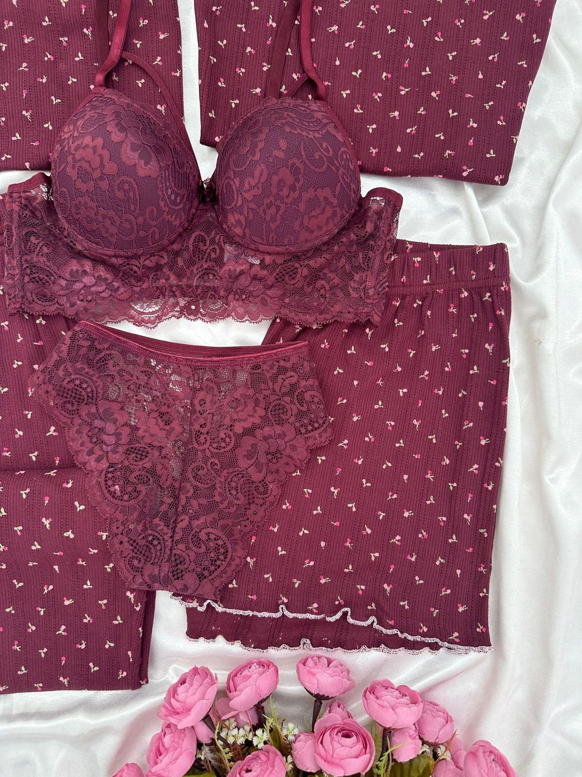 Plum Flower Cotton 6-Piece Transfer Pajama Set