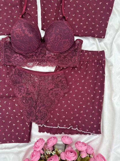 Plum Flower Cotton 6-Piece Transfer Pajama Set