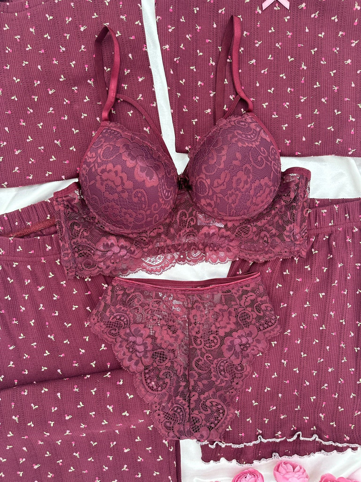 Plum Flower Cotton 6-Piece Transfer Pajama Set