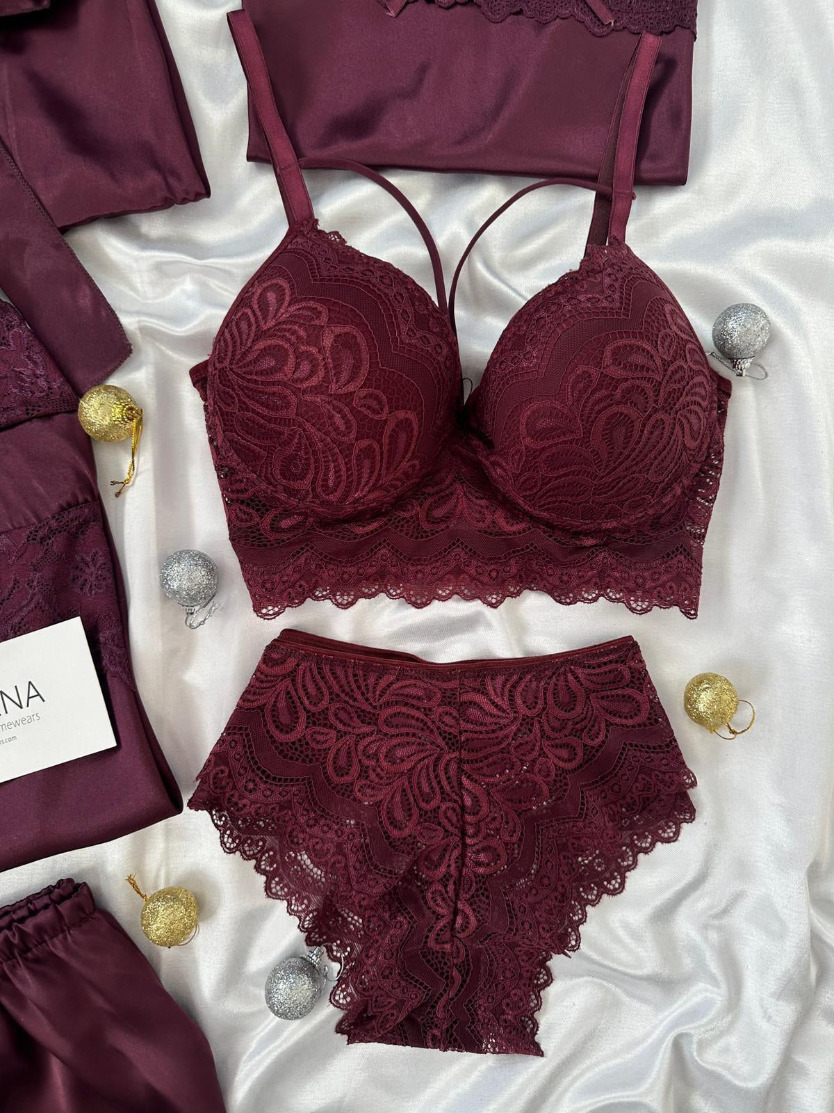 Maroon Love Night Suit & Bra Penty Set Combo for Women's