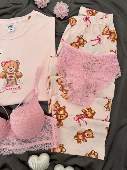 Fluffy Cotton Four-Piece Pajama & Lingerie Set