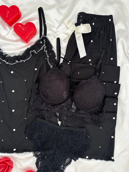 Black Polka Dots Four-Piece Strappy Pajama Set