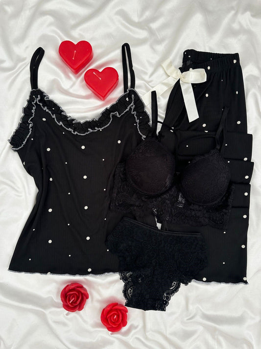 Black Polka Dots Four-Piece Strappy Pajama Set