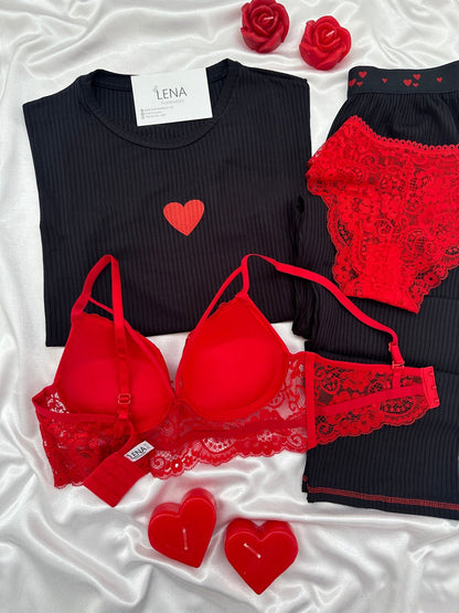 Black Miray Short-Sleeved Pajama Set Combo For Women