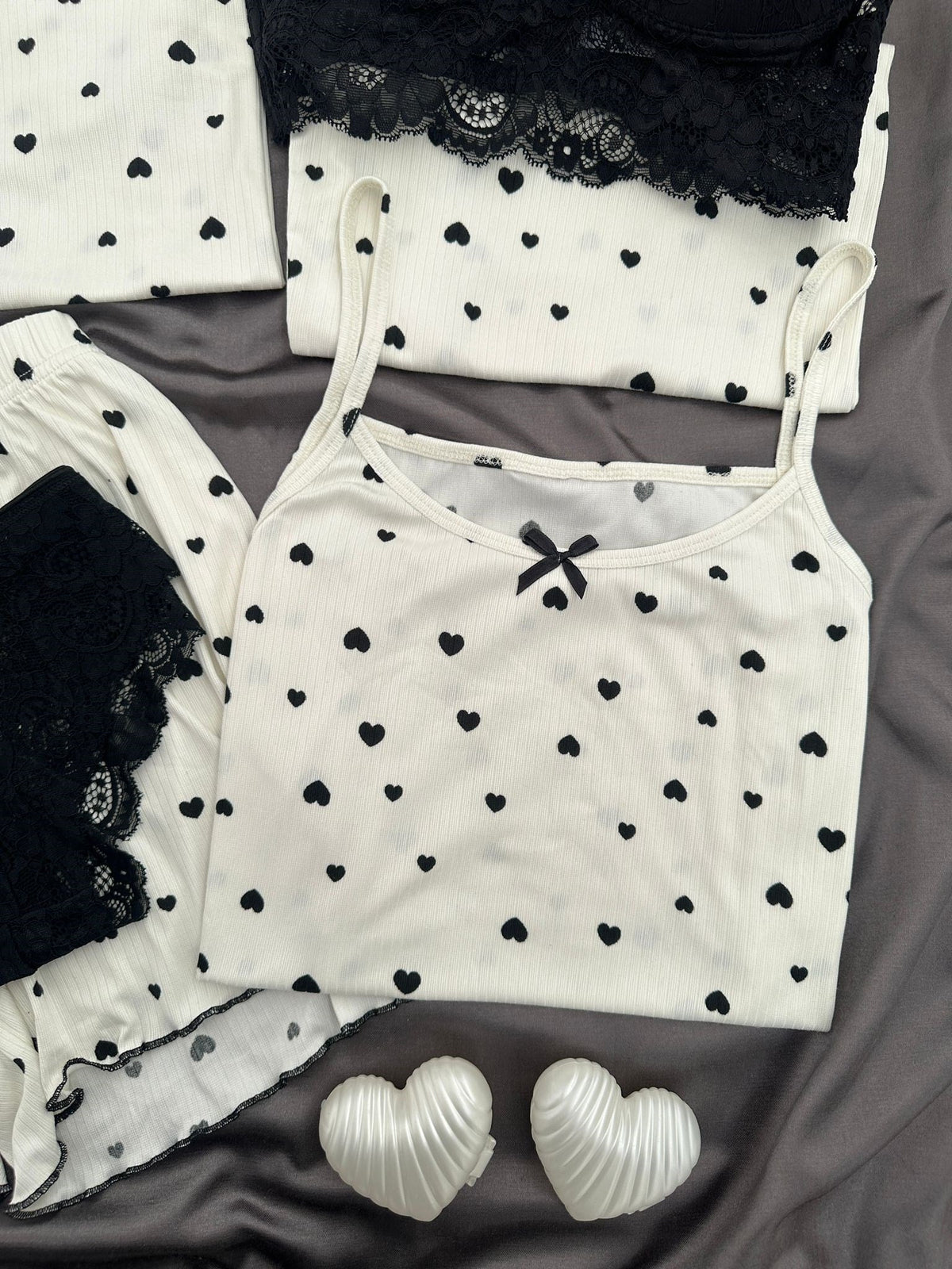 Black Heart Patterned 6-Piece & Pajama Set