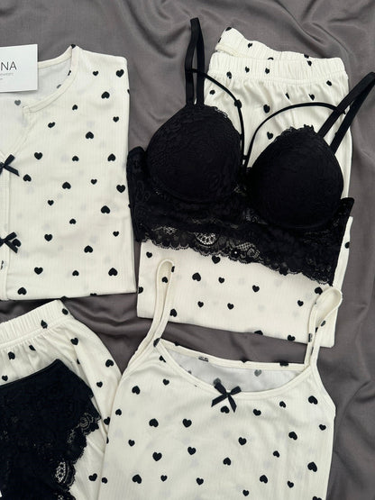 Black Heart Patterned 6-Piece & Pajama Set