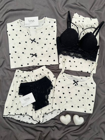 Black Heart Patterned 6-Piece & Pajama Set