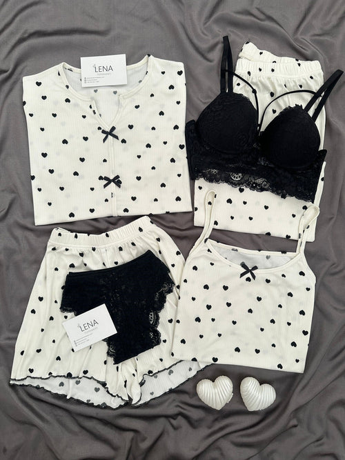 Black Heart Patterned 6-Piece & Pajama Set