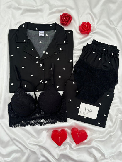 Black Heart Patterned Four-Piece Short-Sleeved Pajama Set