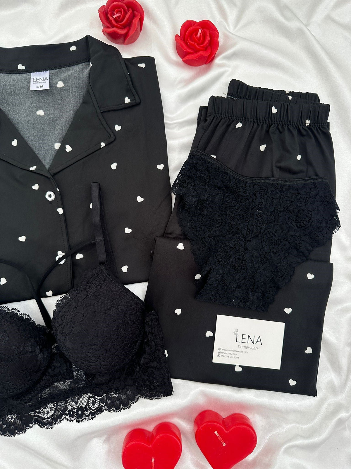 Black Heart Patterned Four-Piece Short-Sleeved Pajama Set