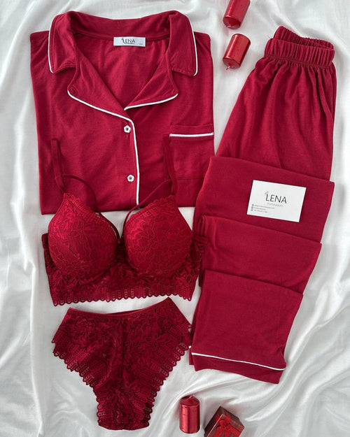 Zanivah Maroon Women's Cozy Nightwear & Bra Panty Set